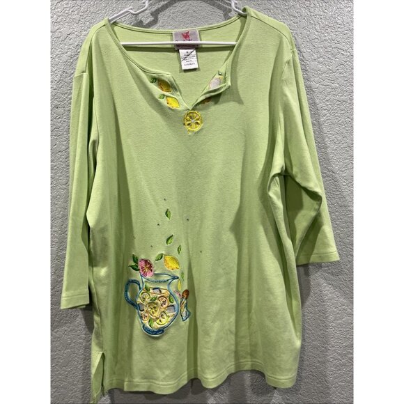 Quacker Factory Top Size 1X Sage Embroidered Lemonade Lemons Flower 3/4 Sleeve - Picture 1 of 6